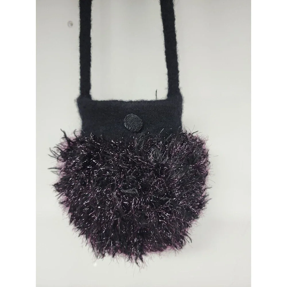 Artisan Handmade Black Felted Wool And Tinsel Yarn Evening Bag Round Drop Handle